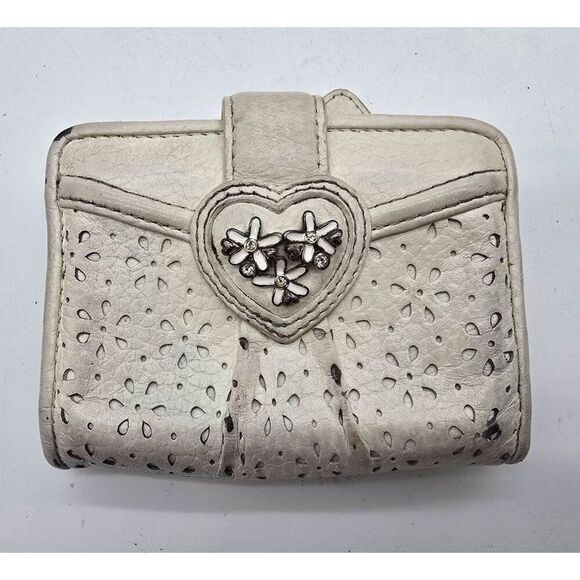 Brighton White Leather Floral Embossed Womens Wallet With Heart Detail & Multipl - Picture 1 of 7